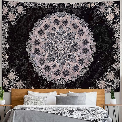 Fowocu Boho Floral Mandala Tapestry Wall Hanging Grey Bohemian Flower Medallion Tapestry Aesthetic Gray Black Hippie Indian Small Tapestries for Bedroom Living Room Dorm Decor 60 x 44 Inch