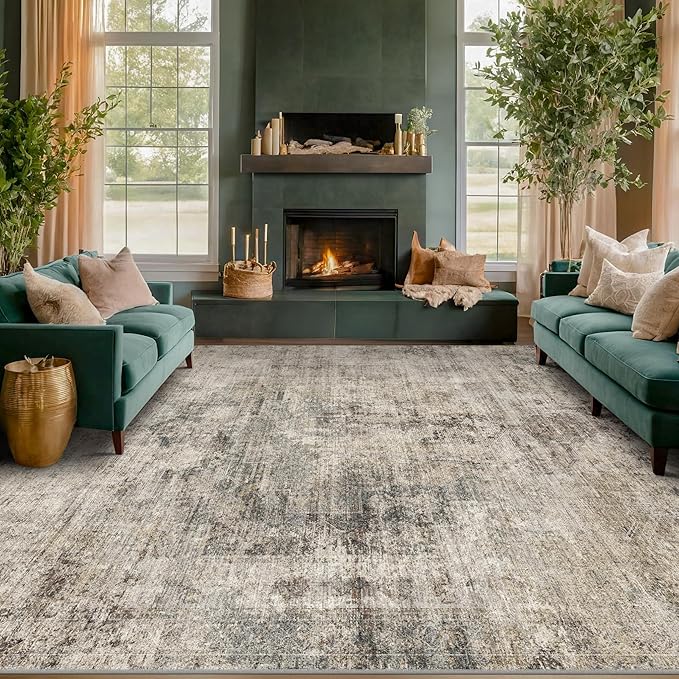 5x7 Earthy Rug for Living Room, Vintage Unique Area Rug for Bedroom Under Bed, Dining Room, Washable Non Slip Brown Gray Taupe Décor