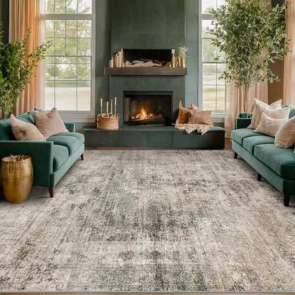 Taupe Brown Big Rugs for Living Room 9x12 - Mordern Farmhouse Rustic Large Rug for Dining Room, Bedroom, Washable Foldable Dark Academy Décor