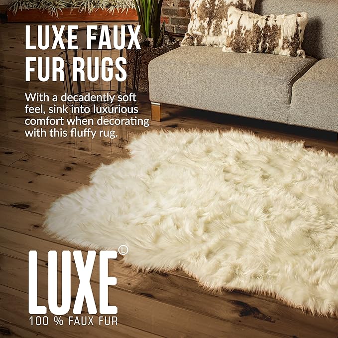 Luxe Gordon Faux Fur Rug with Soft and Fluffy Pile | Machine Washable Living Room Rug with Anti-Slip Backing | Cruelty-Free Area Rugs for Office or Bedroom, White, 4 ft x 6 ft