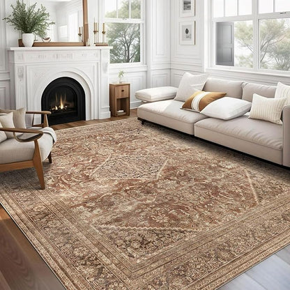 vivorug 4x6 Rug, Small Area Rug for Living Room, Bedroom, Kitchen, Machine Washable Non-Slip Throw Rug, Vintage Carpet for Entryway Nursery Coffee Table - Durable (Earth Tone)