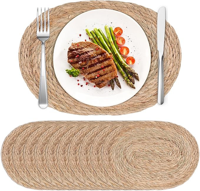 Defined Deco Woven Placemats Set of 10,16"x12"Braided Oval Rattan Table Mats,Farmhouse & Boho Vintage Style for Christmas Dining, Kitchen, and Party Decor