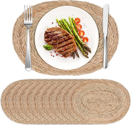 Defined Deco Woven Placemats Set of 10,16"x12"Braided Oval Rattan Table Mats,Farmhouse & Boho Vintage Style for Christmas Dining, Kitchen, and Party Decor