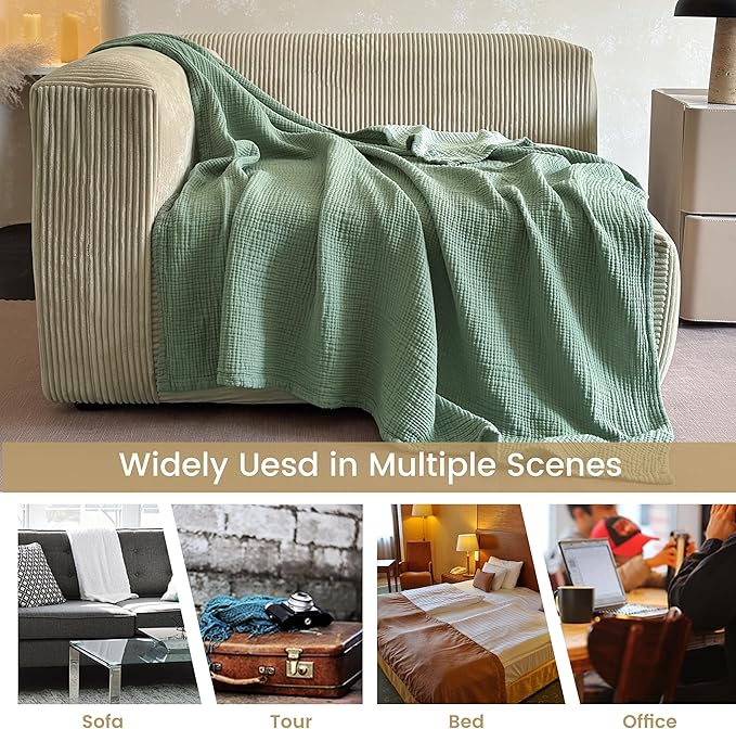 FALUCA Cotton Muslin Reversible Blanket Twin Size for Bed, Couch, Four Layers Blanket, Soft Lightweight Cozy Breathable Farmhouse Decoration for All-Season, Light Green