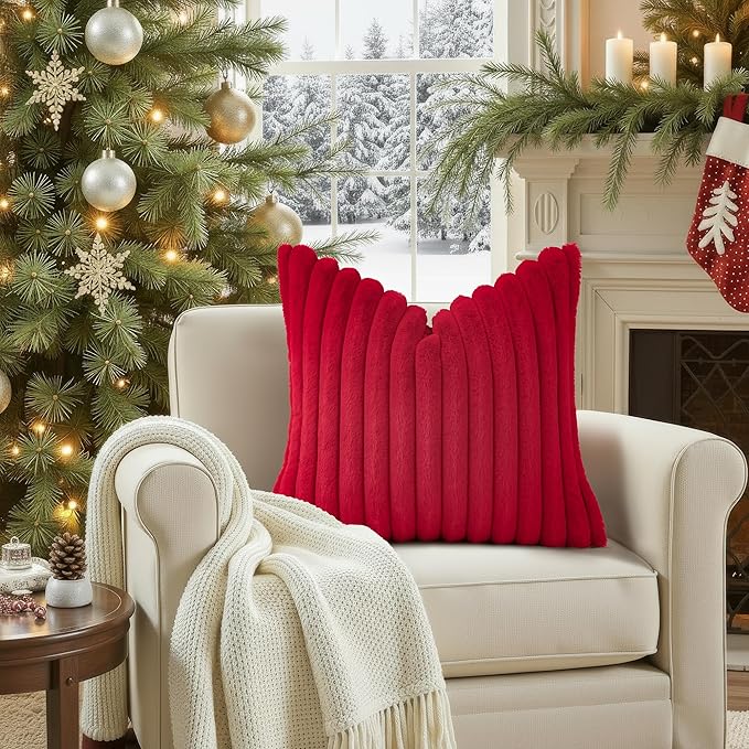 decorUhome Faux Fur Spring Throw Pillow Covers 18x18 Set of 2, Decorative Soft Plush Striped Neutral Couch Pillow Covers with Velvet Back for Sofa, Bed, Living Room Home, Red