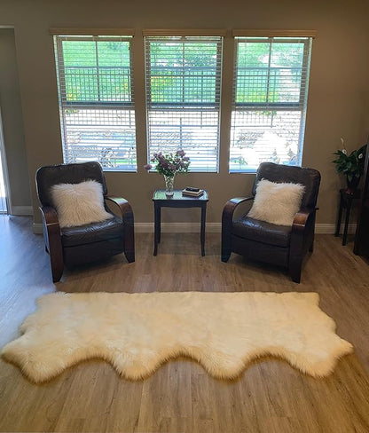 LAMBZY Faux Sheepskin Super Soft Hypoallergenic Silky Shag Rug for Living Room, Kids Room, Sofa (Quarto 4 Pelts Side by Side 3'x8', Cream)