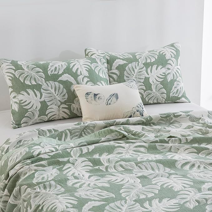 100% Cotton Muslin Jacquard 2 Piece Quilt Set Tropical Monstera Leaf Print, Soft 3 Layers Gauze Bed Cover Reversible Bedspread Coverlet Breathable Lightweight Bedding Set, Twin