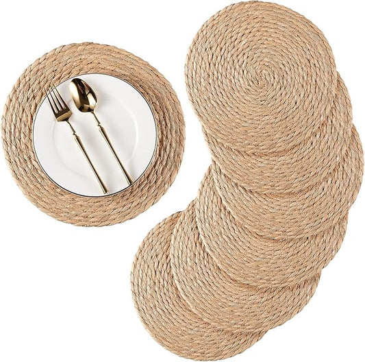 Round Woven Placemats Set of 10, Natural Water Hyacinth Place mats, 13 inch Rattan Placemat Wicker Placemats Farmhouse Boho Braided Heat Resistant Outdoor Placemat Patio Table Place Mat