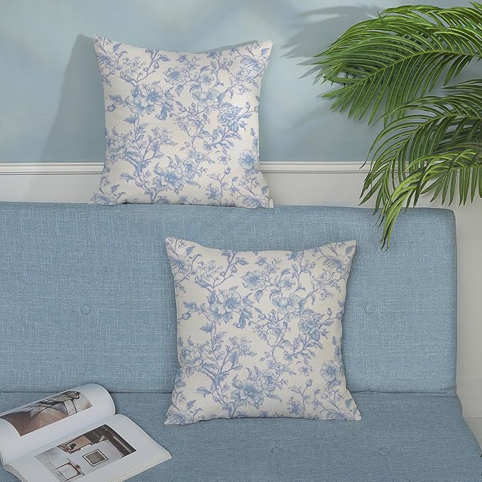 Baby Blue Pillow Covers 18x18 Set of 2 Blue and Cream Floral Chinoiserie Throw Pillows Vintage Rustic Toile Flower Decorative Pillowcase Outdoor Chinoiserie Decor Cushion Case for Couch Sofa
