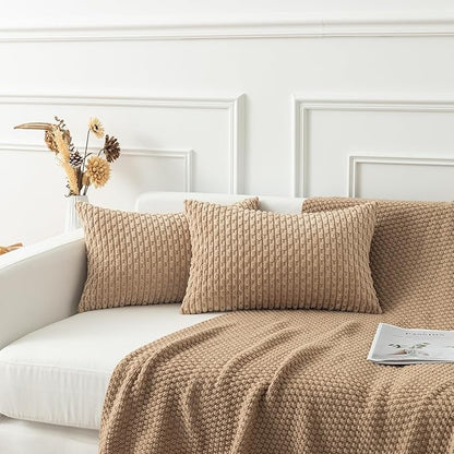 Kevin Textile 12x24 Inch Pillow Cover 1 Pack Boho Decorative Soft Striped Corduroy Lumbar Farmhouse Solid Color Accent Rectangle Cushion Case for Living Room Couch Sofa Bed, Tan
