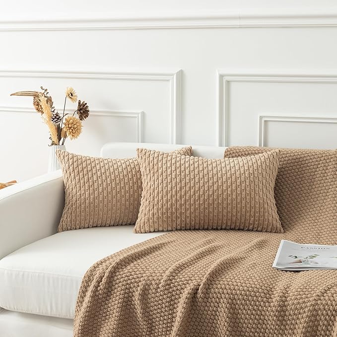 Kevin Textile 12x20 Inch Pillow Cover 1 Pack Boho Decorative Soft Striped Corduroy Lumbar Farmhouse Solid Color Accent Rectangle Cushion Case for Living Room Couch Sofa Bed, Tan