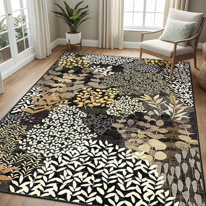 DEXDE Washable Area Rug 3x5 for Living Room, Abstract Small Boho Rugs Non Slip Soft Kids Room,Vintage Leaves Floral Carpet for Bedroom Entryway Kitchen Office Dining Room, Black