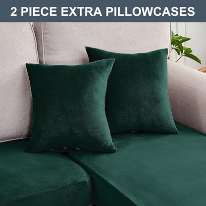 Couch Cover 3-Piece Elastic Velvet Couch Cushion Covers & Chaise Slipcovers for L-Shaped Sofas, Sofa Seat Covers Washable, Soft Cover for Couches (2 Seater + Chaise, Christmas Green)