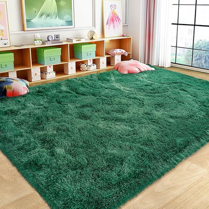 Large 9x12 Area Rugs for Living Room, Ultra Soft Shag Living Room Rug Thick Fluffy Rug for Bedroom, Plush Fuzzy Carpet for Girls Boys Kids Room Non Slip Dorm for Home Decor Aesthetic, Dark Green