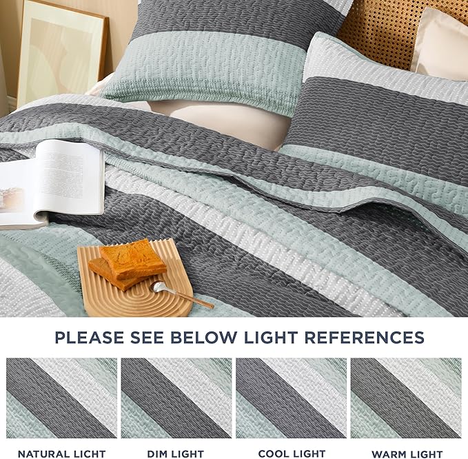 Litanika Oversized King Quilt Set Sage Green, 128x120 Stripe Bedspread Coverlet 3 Pieces, Sage Green Lightweight Quilted Bedding Set for All Season(Super King Plus-1 Quilt, 2 Pillowcases)