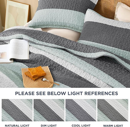 Litanika Oversized King Quilt Set Sage Green, 128x120 Stripe Bedspread Coverlet 3 Pieces, Sage Green Lightweight Quilted Bedding Set for All Season(Super King Plus-1 Quilt, 2 Pillowcases)
