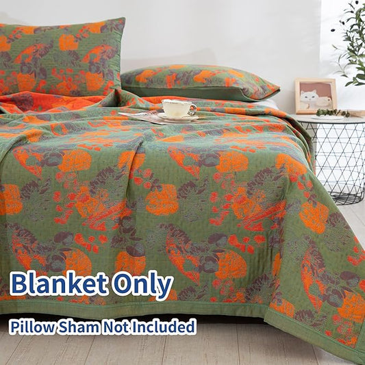 100% Cotton Muslin Blanket Jacquard Ginkgo Leaf Floral Quilt, Soft Bed Cover 3 Layers Lightweight Breathable Gauzy Reversible Bedspread Coverlet Bedding Twin(59"x94"), No Pillow Sham