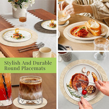13-Inch Faux Leather Round Placemats Set of 6, Waterproof Anti-Slip Dual Sided Place mats, Heat Resistant Washable Table Mats with Coaster, Suitable for Indoor & Outdoor (6, Beige Dark Coffee)