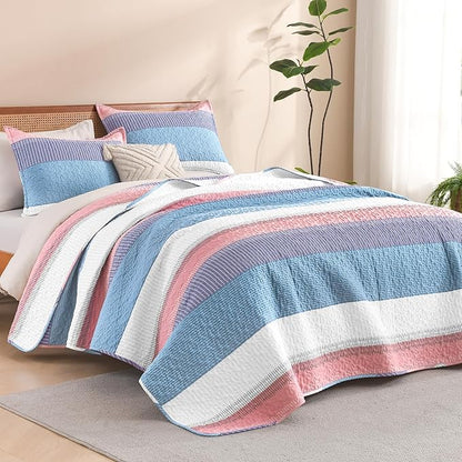 Litanika Twin Quilt Set Purple, Blue and White, 68x86 Stripe Bedspread Coverlet 2 Pieces, Pink Lightweight Quilted Bedding Set for All Season(Twin-1 Quilt, 1 Pillowcase)