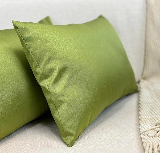 Aiking Home 12x18 Inches Faux Silk Rectangular Throw Pillow Cover, Zipper Closure, Green (Set of 2)