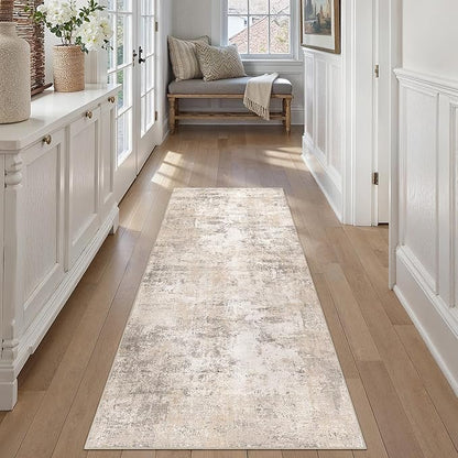 2x6 Washable Runner Rug Beige Grey Abstract Hallway Kitchen Throw Rug Neutral Modern Non Slip Soft Low Pile Carpet for Bathroom Laundry Bedroom Living Room