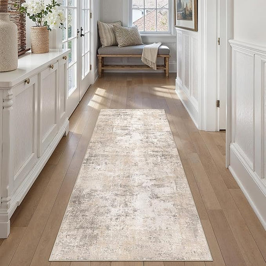 2x6 Washable Runner Rug Beige Grey Abstract Hallway Kitchen Throw Rug Neutral Modern Non Slip Soft Low Pile Carpet for Bathroom Laundry Bedroom Living Room