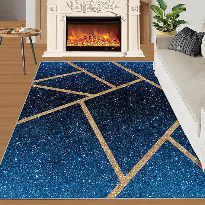 Abstract Marble Rug Navy Blue Marble Area Rug Blue Starry Geometric Area Rugs Gold Lined Geometric Shapes Rugs Modern Minimalist Carpet for Living Room Bedroom 2x3ft