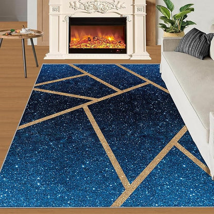 Abstract Marble Rug Navy Blue Marble Area Rug Blue Starry Geometric Area Rugs Gold Lined Geometric Shapes Rugs Modern Minimalist Carpet for Living Room Bedroom 5x7ft