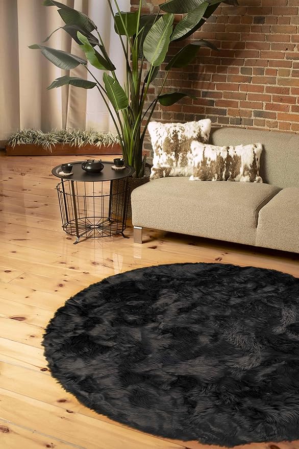 Luxe Gordon Faux Fur Rug with Soft and Fluffy Pile | Machine Washable Living Room Rug with Anti-Slip Backing | Cruelty-Free Area Rugs for Office or Bedroom, Grey, 6 ft Dia.