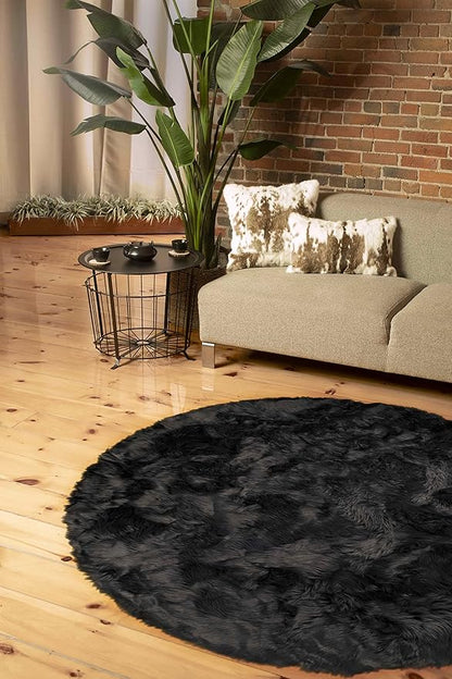 Luxe Gordon Faux Fur Rug with Soft and Fluffy Pile | Machine Washable Living Room Rug with Anti-Slip Backing | Cruelty-Free Area Rugs for Office or Bedroom, Grey, 6 ft Dia.