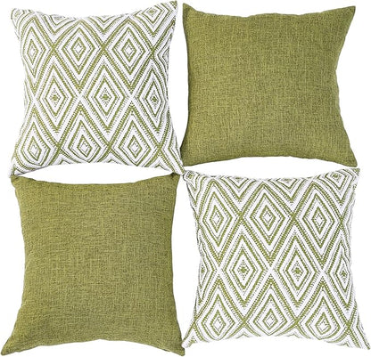 HPUK Decorative Throw Pillow Covers Set of 4 Geometric Design Linen Cushion Cover for Couch Sofa Living Room, 18"x18" inches, Green