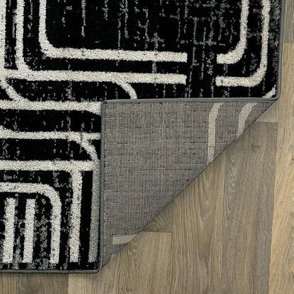 Rugshop Black and White Geometric Area Rug – Abstract Curved Line and Square Pattern Carpet for Living Room, Bedroom, or Office – Contemporary Soft Floor Décor 2' 3" x 12' Runner Black