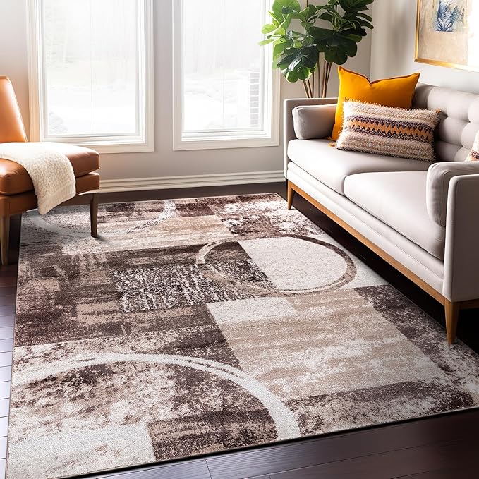Rugshop Contemporary Abstract Circle Design Area Rug, Carpet with Jute Backing for Living Room, Bedroom, or Dining Room, Brown, 5'3" x 7'3"