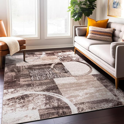 Rugshop Contemporary Abstract Circle Design Area Rug, Carpet with Jute Backing for Living Room, Bedroom, or Dining Room, Brown, 5'3" x 7'3"