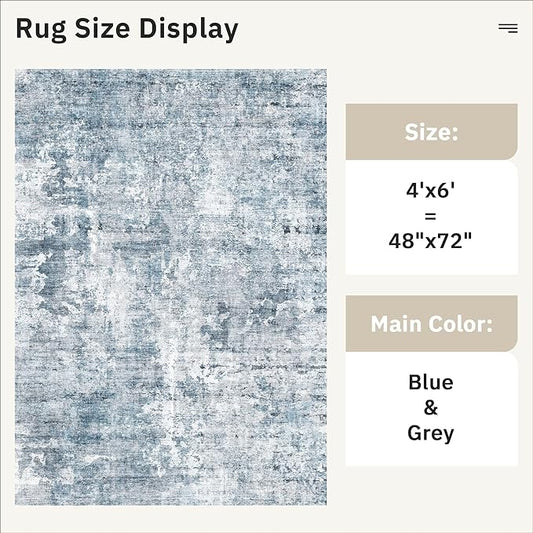 Area Rugs 4x6 for Living Room, Vintage Abstract Washable Rugs for Dining Room, Kitchen, Non-Slip Area Rug Blue