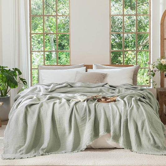 MooMee Muslin Blanket - 100% Cotton 4-Layer Gauze Throw Blanket with Tassels Ultra-Soft Breathable Lightweight Cooling for Bed Couch (Sage Green,Oversize Queen 98" x 98")