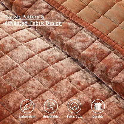 LEAONME Velvet Quilt Oversized California King-120''x120'', Lightweight Burnt Orange Velvet Comforter Set with 2 Pillow Shams, Oversized Bedspread Coverlet Quilted Bedding Set for All Season