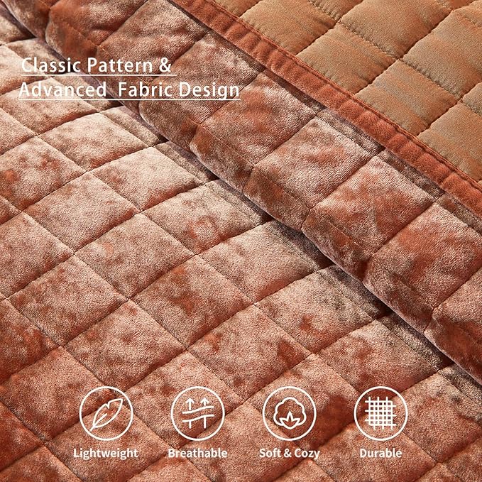 LEAONME Velvet Quilt California King-118''x106'', Lightweight Burnt Orange Velvet Comforter Set with 2 Pillow Shams, Soft Oversized Bedspread Coverlet Quilted Bedding Set for All Season
