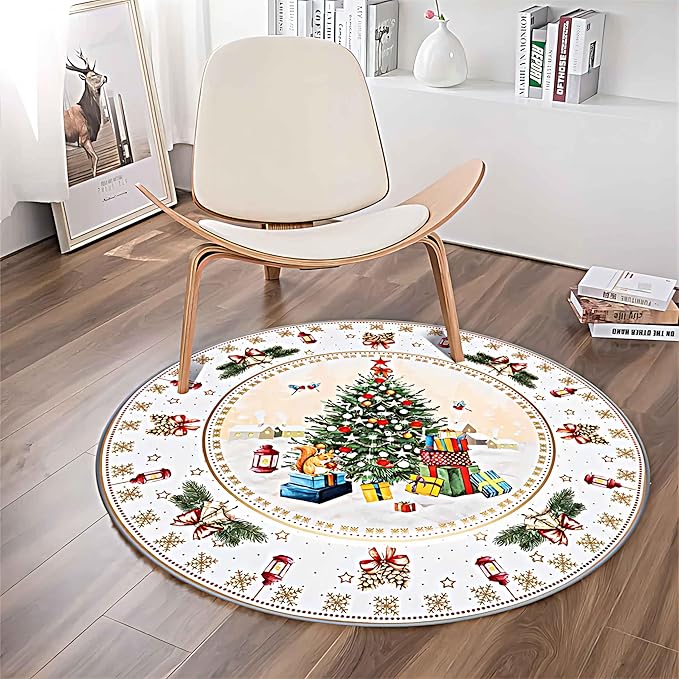 Christmas Area Rug, 3.3ft, Round Christmas Rug, Merry Christmas Rug, Living Room Christmas Decoration, Soft Non-Slip Floor Round Mat, Suitable for Living Room Bedroom Sofa