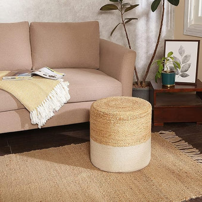 REDEARTH · Cylindrical Pouf Foot Stool Ottoman - Jute Braided Accent Sitting Footrest for The Living Room, Bedroom, Nursery, Patio, Lounge Set of 2 (14.5”X14.5”X16”; Natural Ivory)