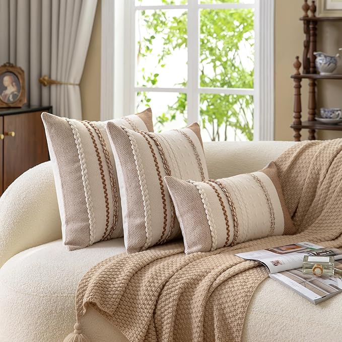 Boho Throw Pillow Covers 12x20 Inch Set of 2, Brown Textured Decorative Couch Pillow Cases for Farmhouse Home Decor, Accent Cushion Cover for Sofa, Bed, Living Room, Bedroom