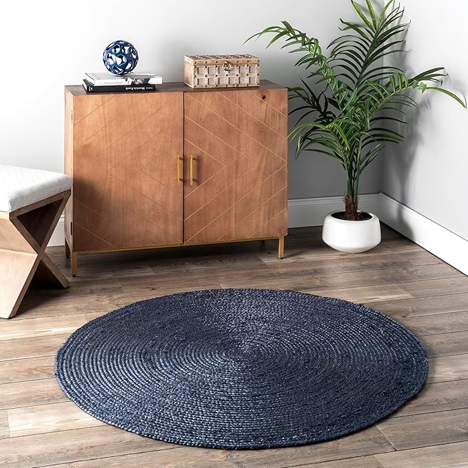 nuLOOM 4 Round Rigo Jute Hand Woven Area Rug, Navy, Solid Farmhouse Design, Natural Fiber, For Bedroom, Living Room, Dining Room, Hallway, Office, Kitchen, Entryway