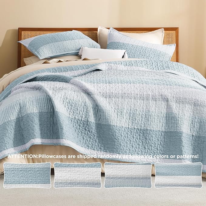 Litanika Quilt King Size Spa Blue, Stripe Patchwork Summer Bedspread Coverlet 3 Pieces, Soft Lightweight Microfiber Quilted Bedding Set for All Season(1 Quilt, 2 Pillowcases)