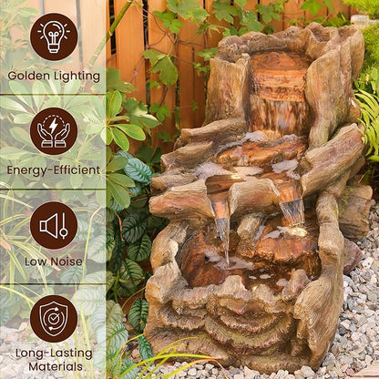 34.25" L Outdoor Water Fountain with 3 Tiers Large Cascading Realistic Tree Trunk Waterfall Fountains with LED Lights Outdoor Water Fountain for Garden Patio Backyard Porch Home Decor