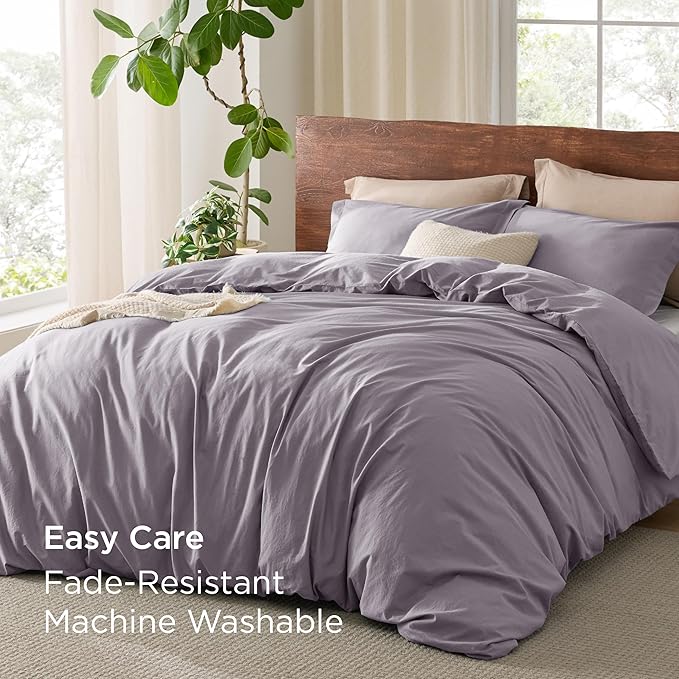 Bedsure 100% Washed Cotton Duvet Cover King Size - Lavender Minimalist Cotton Duvet Cover Linen Like for All Seasons - GentleSoft™ Plain Simple Bedding (Lavender, King, 104"x90")