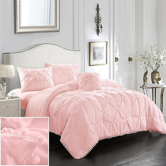 EVOLIVE 3pc Set Pinch Pleat/Kiss Pleat, Pintuck Down Alternative Comforter Set with Pompom (Twin, Pink)