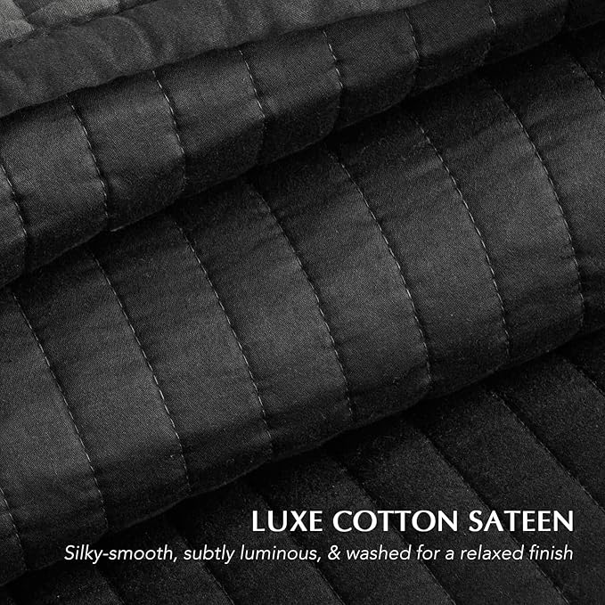 EVERGRACEHOME Cotton Sateen Quilt Set Queen Size, Pre-Washed Cotton Channel Stitch Coverlet Bedspread, 3 Pieces Lightweight Soft Bedding Sets for All Season, with 2 Pillow Shams, Washed Black