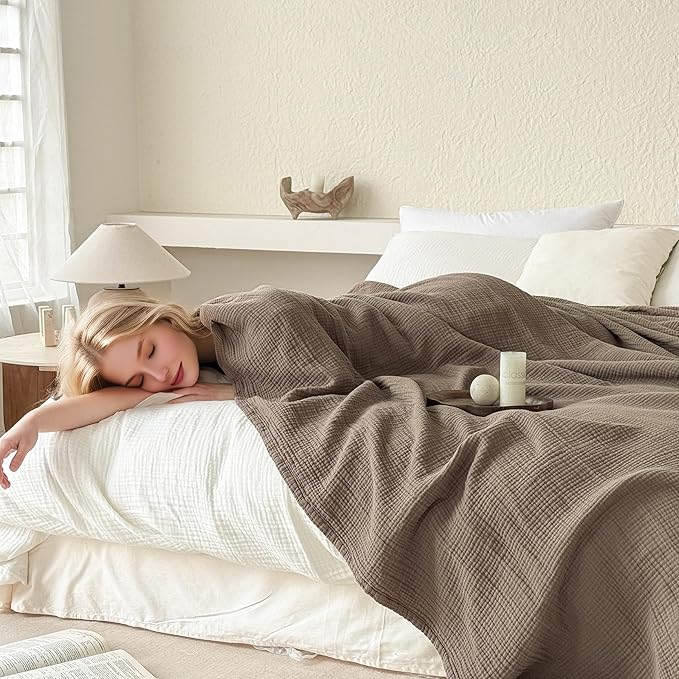 Simple&Opulence 100% Cotton Muslin Blanket, Lightweight Breathable 4 Layering Soft Cotton Throw Blanket,Gauze Blanket for Bed Couch Camping All-Season Use (Coffee, 50"x60")