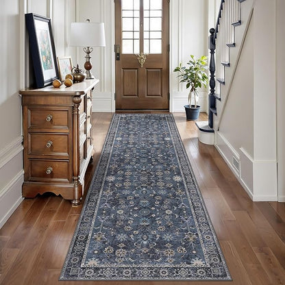 Tangsoo 2.6x10 Washable Runner Rug for Hallway Non Slip, Boho Floral Vintage Carpet Long Runner Rugs for Entryway Kitchen, Floor Low Pile Runners for Laundry Bedroom Alfombra Blue Black Farmhouse