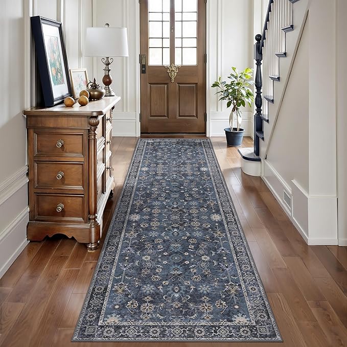Tangsoo 2.6x12 Washable Long Runner Rug for Hallway Non Slip, Boho Floral Vintage Carpet Runner Rugs for Entryway Kitchen, Floor Low Pile Runners for Laundry Bedroom Alfombra Blue Black Farmhouse